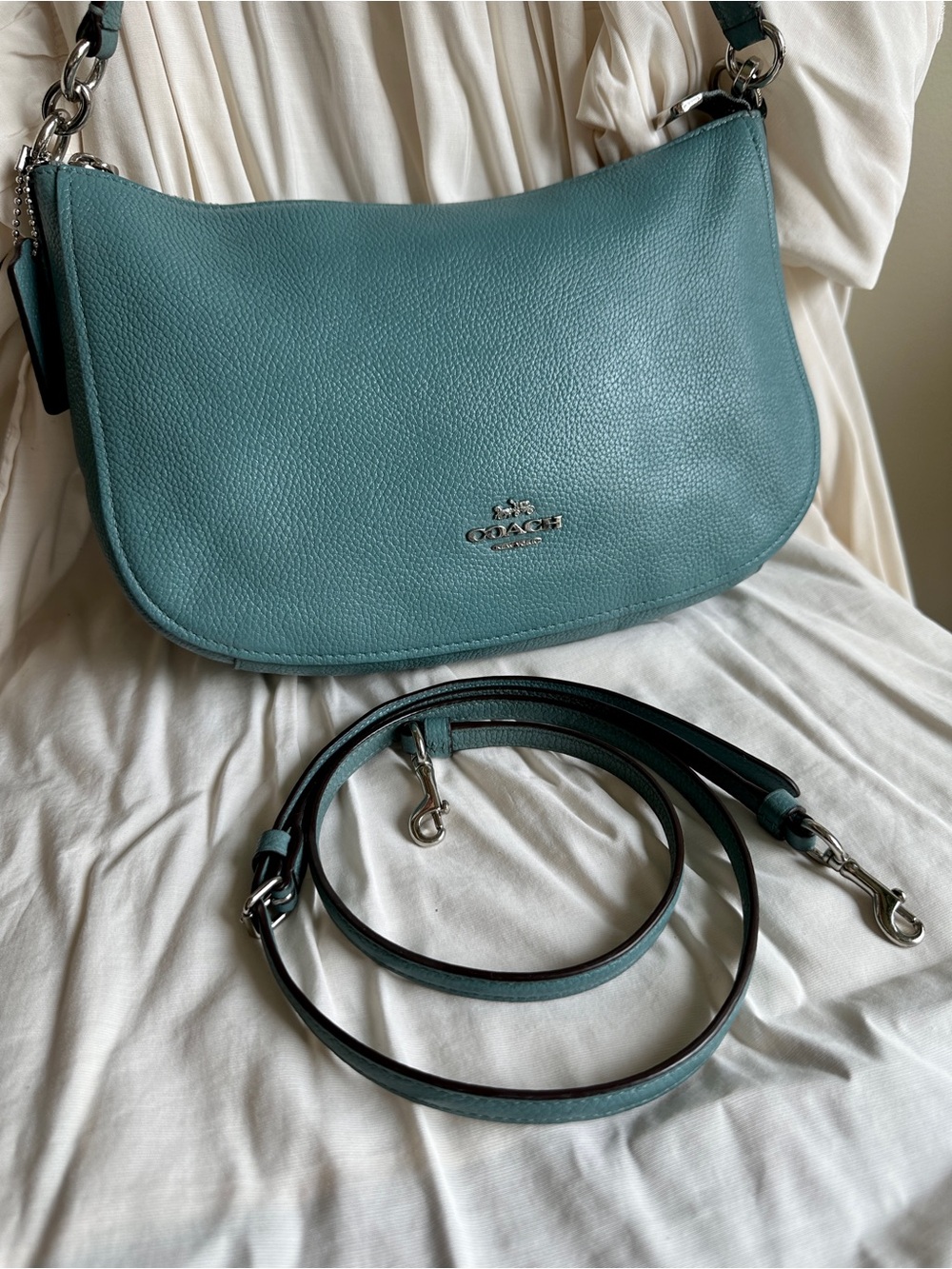 Coach Teal Pebbled Leather Shoulder Bag with Silver Hardware - Picture 16 of 16